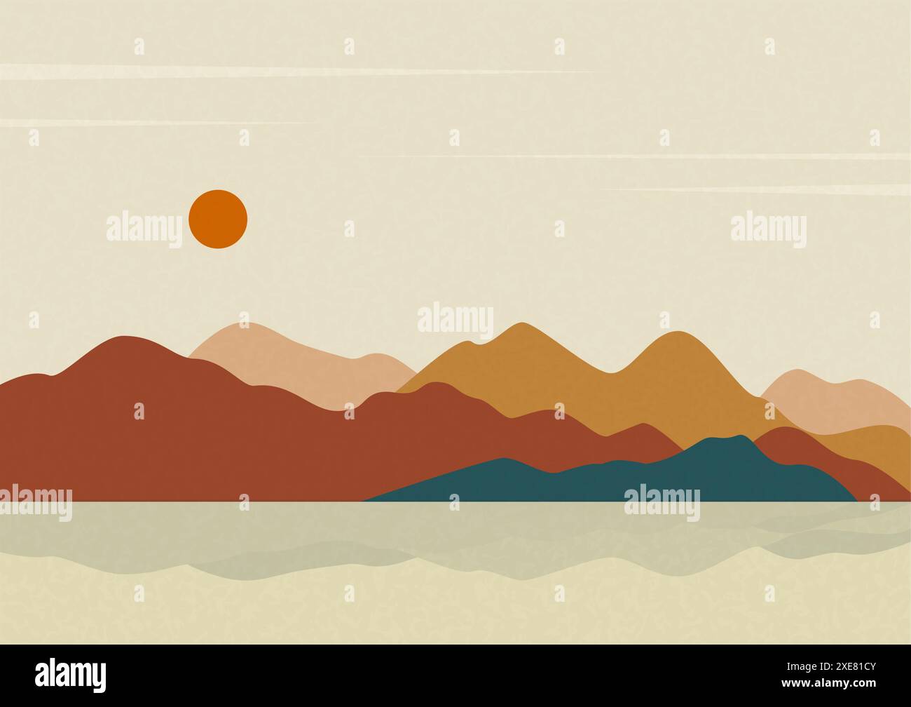 Poster zur Illustration der Küste und der Berge. Am Vormittag 2D-Panorama in der Nähe des Sees. Stock Vektor