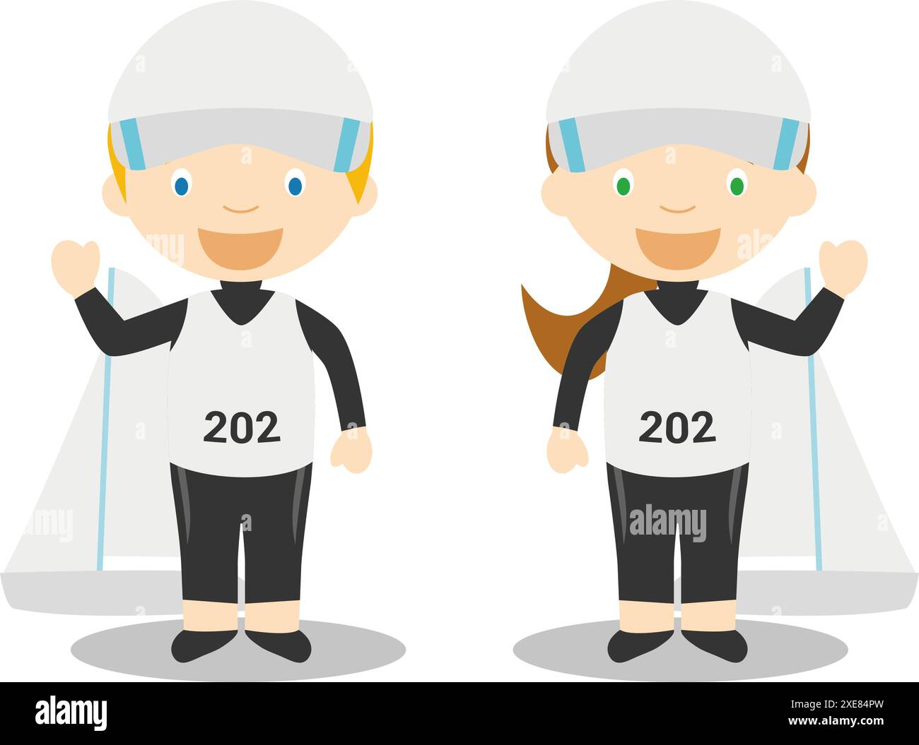 Sportvektor-Illustrationen: Segelnde männliche und weibliche Zeichentrickfiguren Stock Vektor