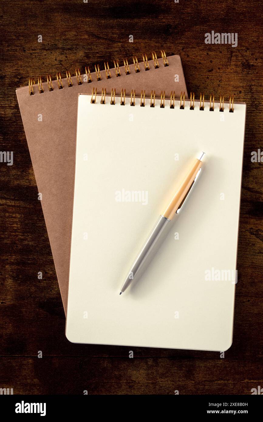 Notizbuchmodell mit Stift, oben auf einem Holztisch Stockfoto