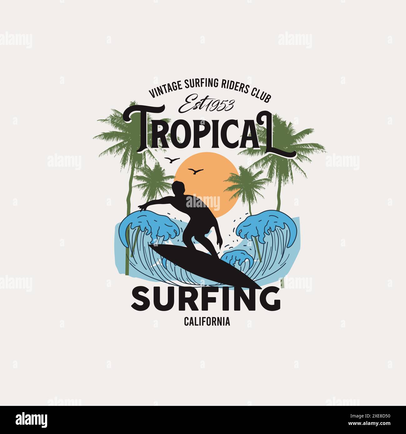 Tropisches Surfen kalifornien Vintage Riders Club Typografie Sommer Strand Graphic T-Shirt Stock Vektor