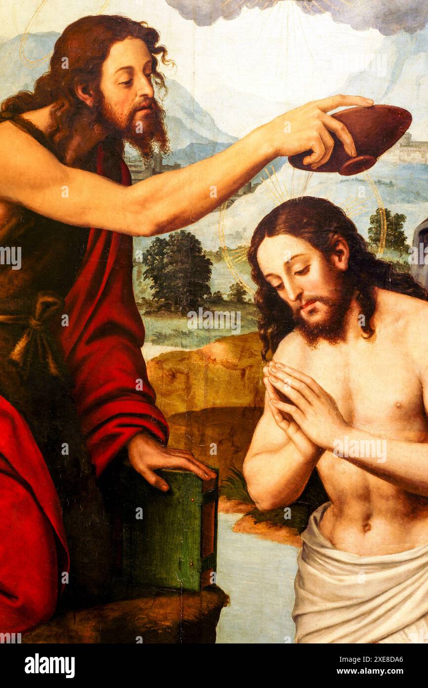 Die Taufe Jesu. c 1540-1545. Joan von Joanes (VicenÃ Macip). Öl auf der Verkleidung. Museum des Diözesans (Museu diocesÃ). Historisches Zentrum. Stockfoto