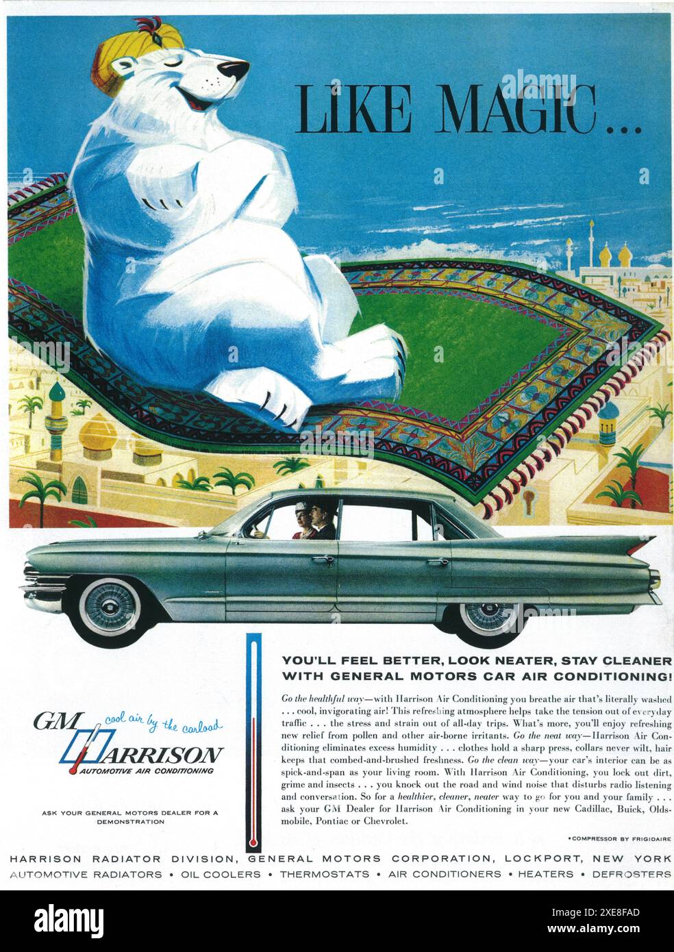 1961 GM Harrison Auto Ad - Klimaanlage Auto - Weißer Bär auf einem fliegenden Teppich Stockfoto