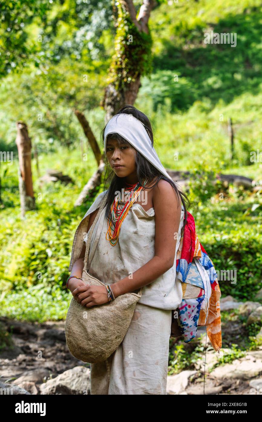 Indigenes Koguis-Mädchen in der Sierra Nevada de Santa Marta, Magdalena, Kolumbien Stockfoto