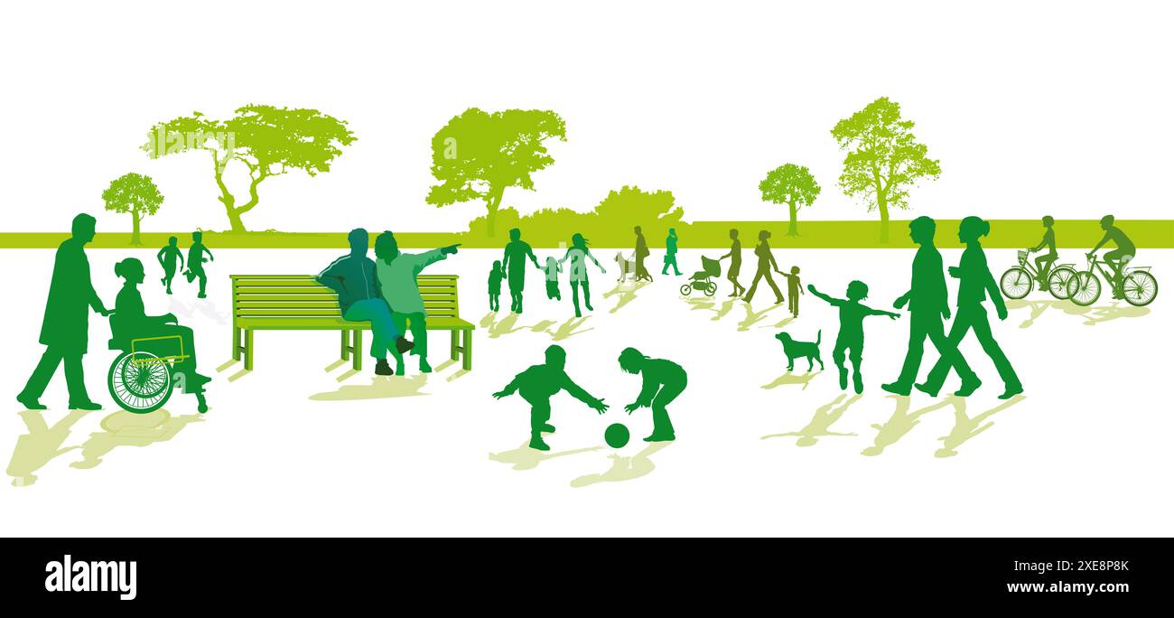 Gruppen von Personen im Park mit Familien, Eltern und Kindern, Illustration Stockfoto