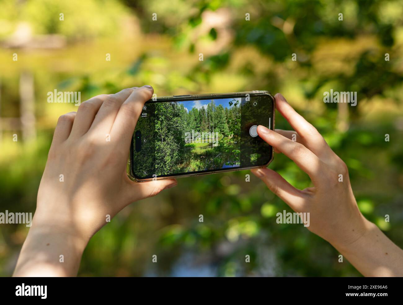 . Lodz Polen 1. Juni 2024 Hände halten Handy in der Natur, fotografieren, machen, fotografieren, fotografieren, fotografieren, fotografieren, fotografieren, fotografieren im Wald draußen am sonnigen grünen Sommertag. Stockfoto