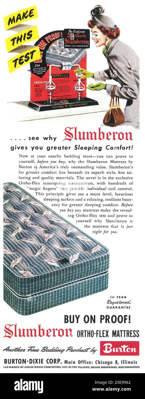 1949 Slumberon Matratzenwerbung Stockfoto