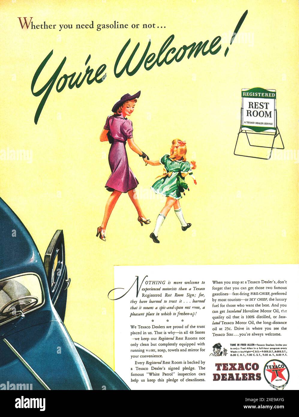 1941 Texaco Händler Tankstellenanzeige – „Sie sind immer willkommen!“ Toilettenschild Stockfoto
