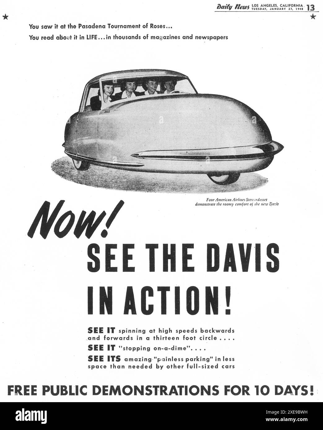 1948 Werbespot für Davis 3-Wheeler-Autos – „Amerikas Nummer 1 für die 2-Wagen-Familie“ Stockfoto