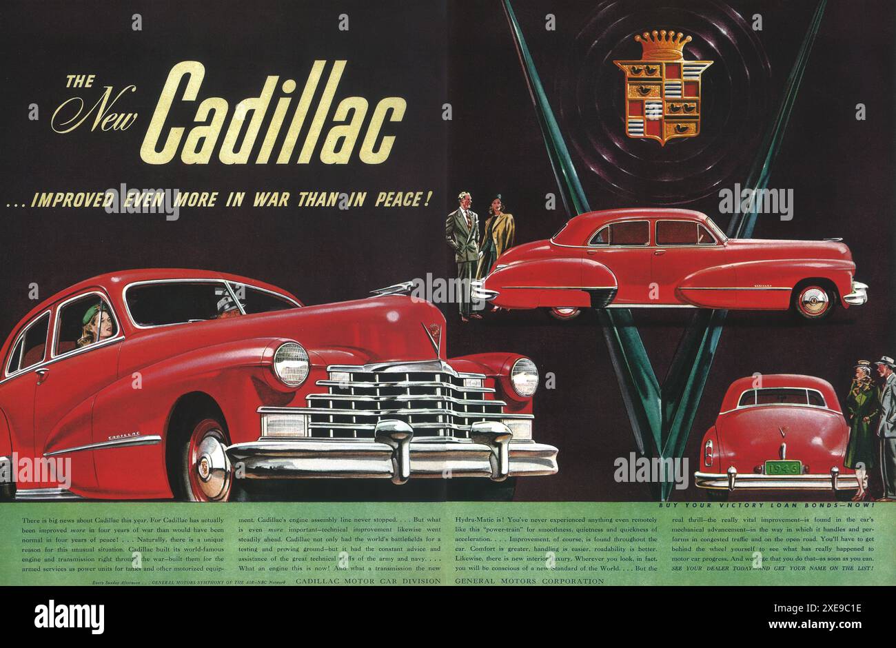 1945. Red Cadillac Ad - "verbesserte sich im Krieg noch mehr als im Frieden". Stockfoto