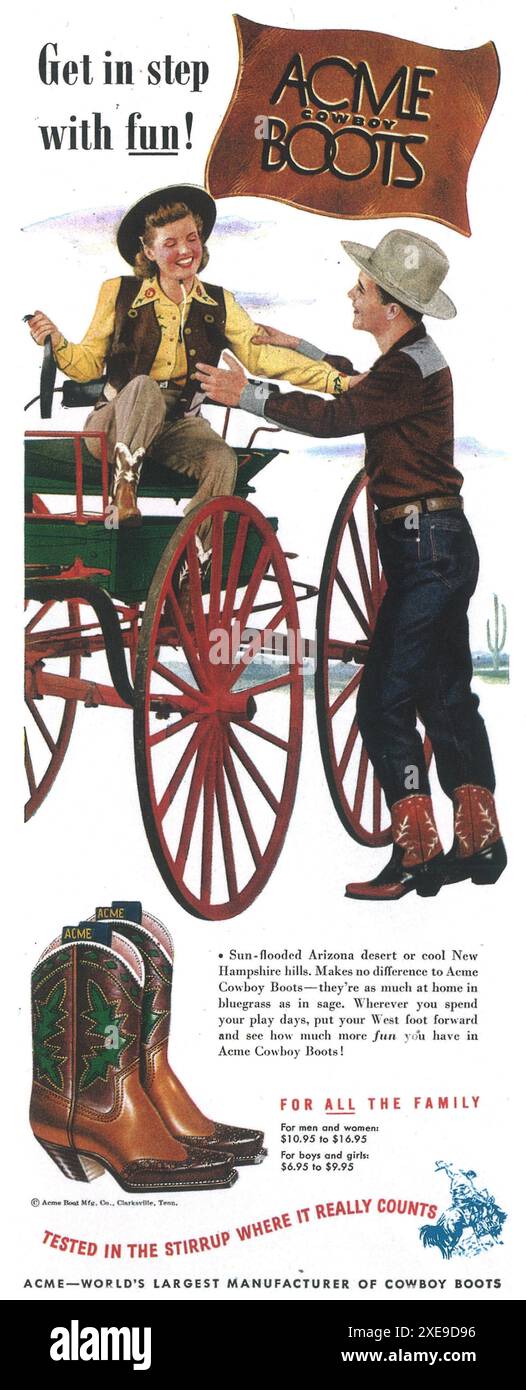 1948 Anzeige für Acme Boots Stockfoto