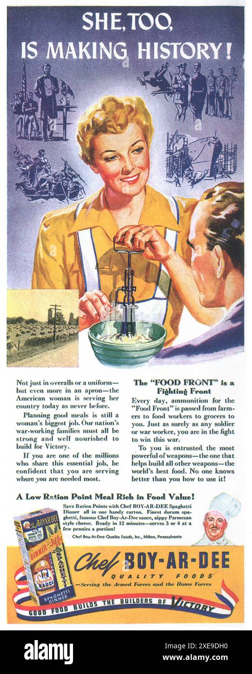1943. WW2 Chef Boy-AR-Dee Spaghetti Dinner Werbung Lebensmittel Stockfoto