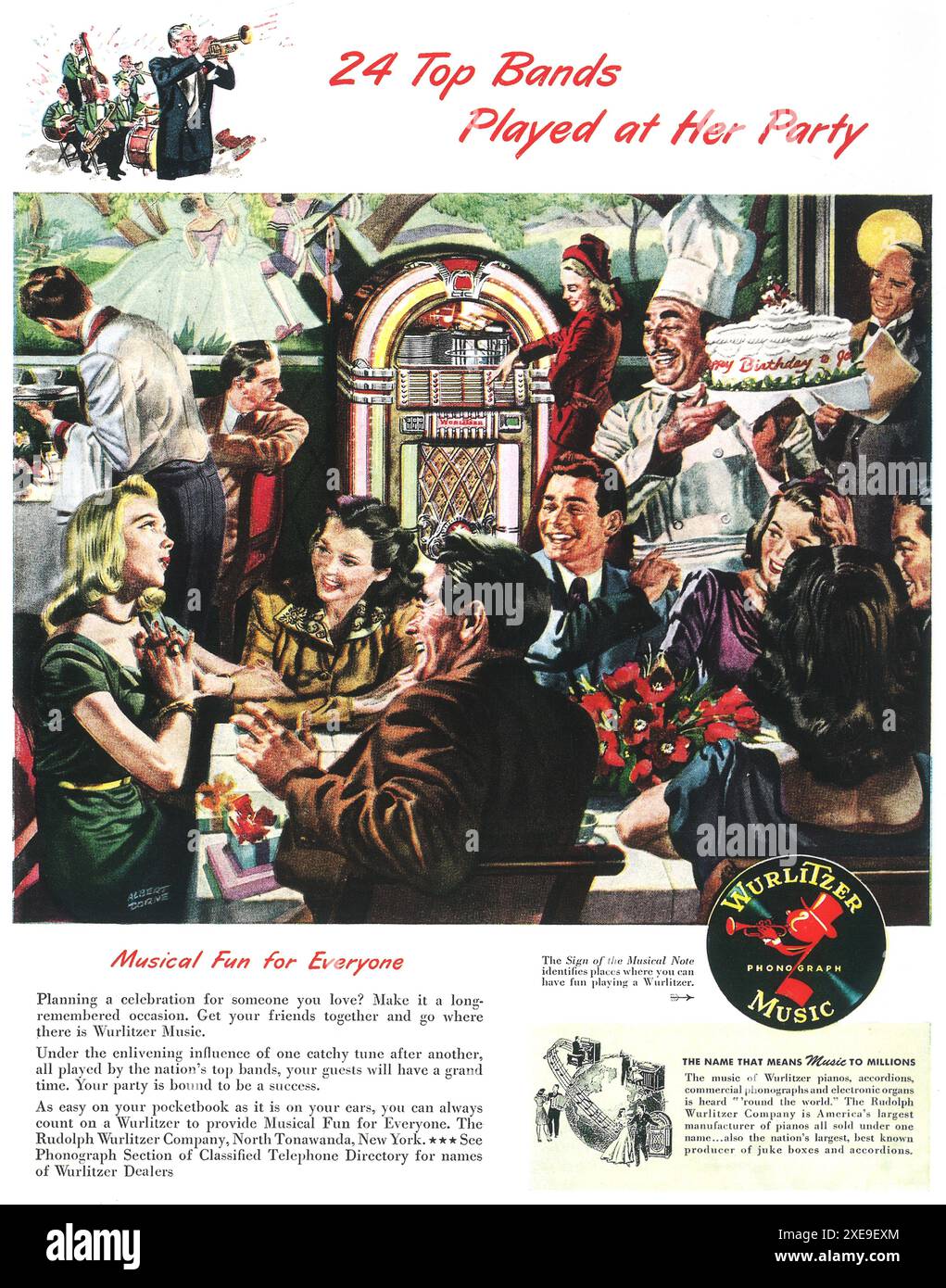 1946 Wurlitzer Juke Box Machine – „musikalischer Spaß für alle“ mit Kunstwerken von Albert Dorne Stockfoto