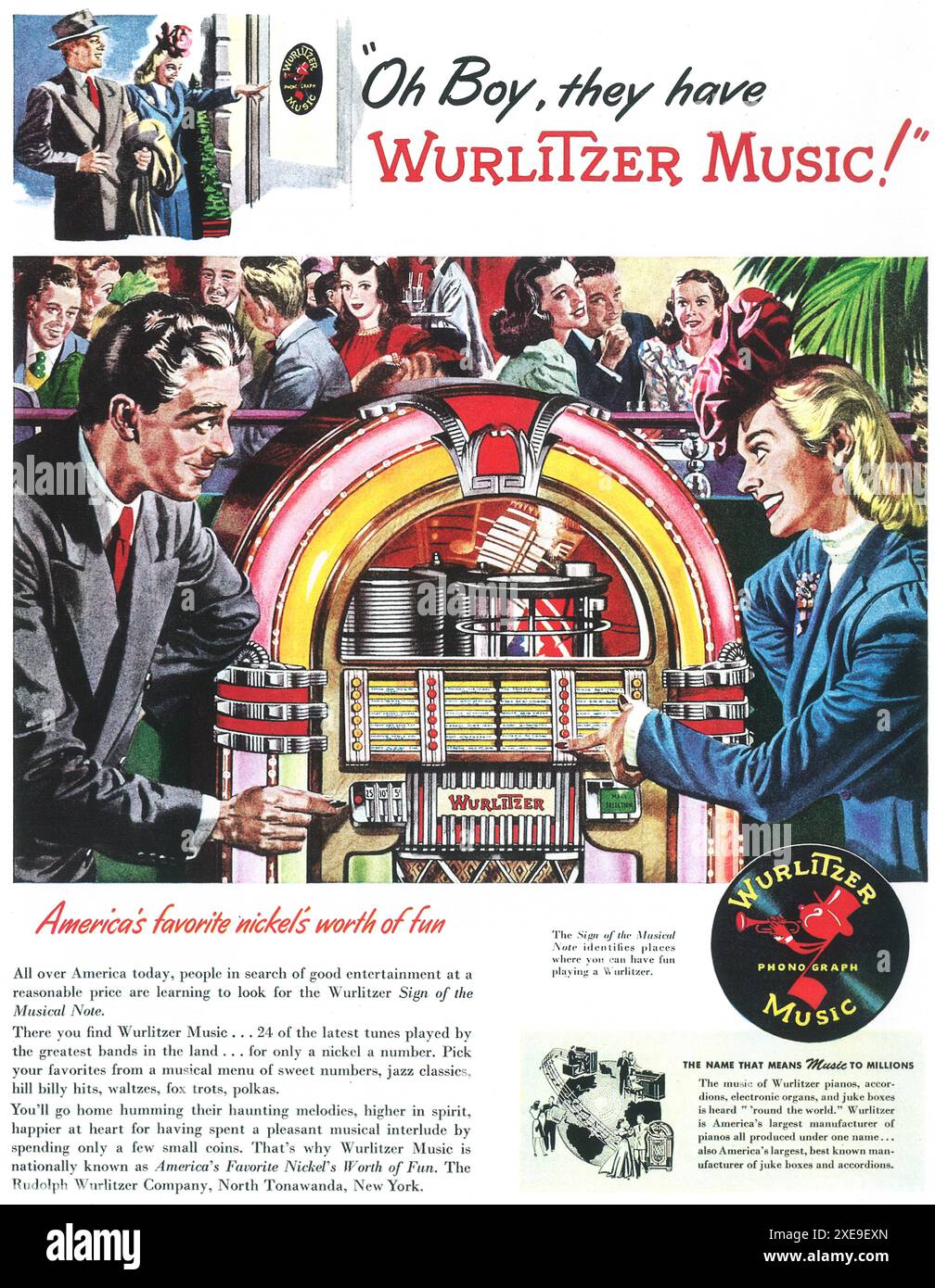 1946 Wurlitzer Juke Box Machine - 'Oh Boy, They have Wurlitzer Music' mit Kunstwerken von Albert Dorne Stockfoto