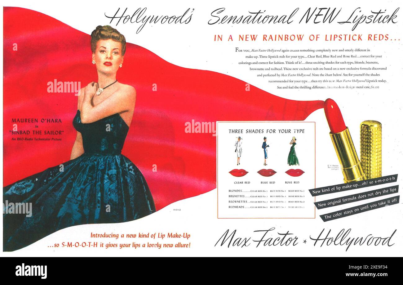 1946 Max Factord Lippenstiftwerbung mit Maureen O'Hara Stockfoto