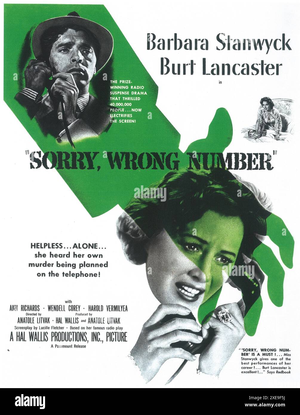 1948 Entschuldigung, falsche Nummer Originalfilmposter, Regie: Anatole Litvak. Die Hauptrollen sind Barbara Stanwyck und Burt Lancaster Stockfoto