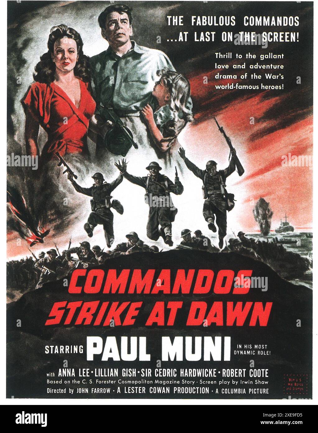 1942 Commandos Strike at Dawn Filmplakat, Regisseur: John Farrow, Kriegsdrama mit Paul Muni Stockfoto
