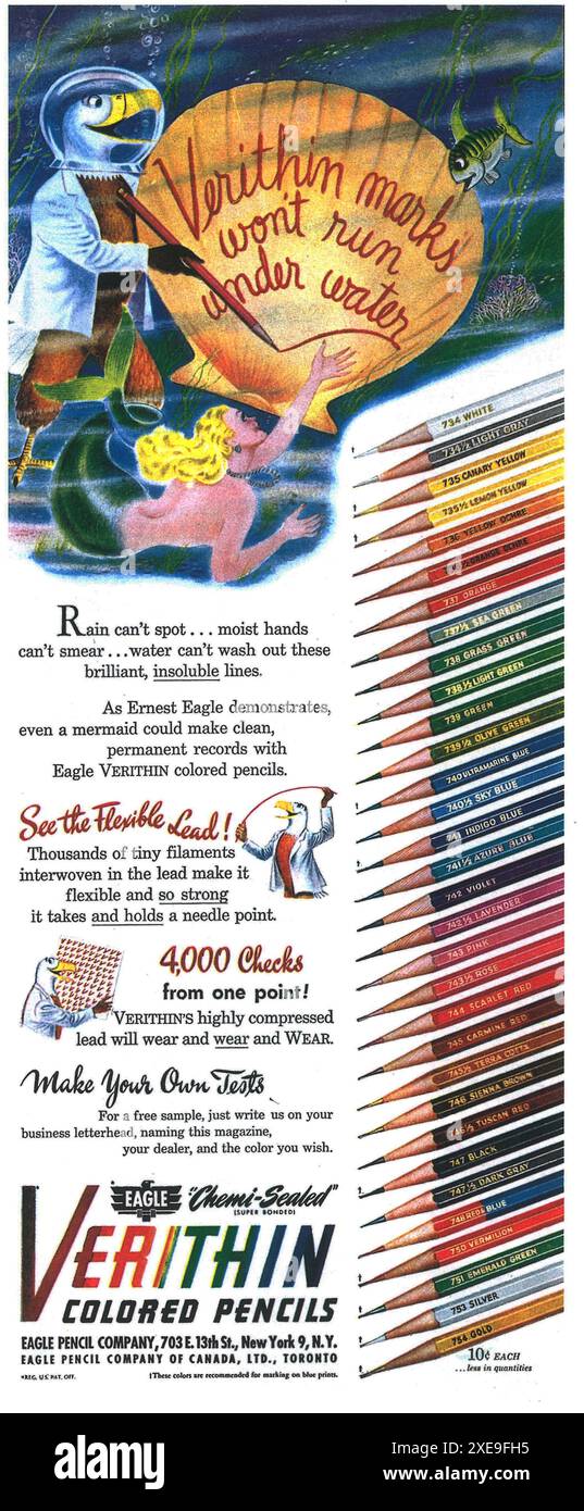 1946 Werbespot mit farbigen Bleistiften Stockfoto