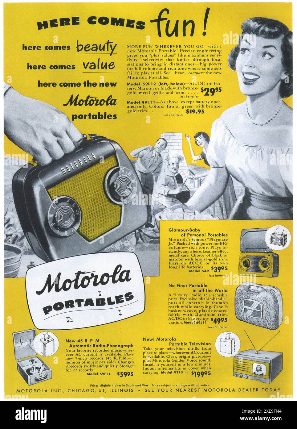 1949 Motorola Radiowerbung – „hier kommt der Spaß!“ Stockfoto