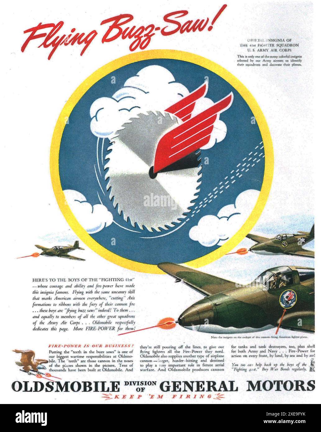 1943 GM General Motors Oldsmobile Airplane Kanons Werbespot - „Flying Buzz-Saw“ US Army Air Corps Insignia Stockfoto