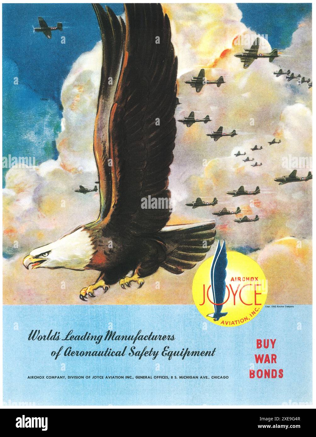 1943 WW2 Joyce Airchox Aviation Eagle Ad - Luftfahrt Sicherheitsausrüstung - Krieg Anleihen kaufen Stockfoto