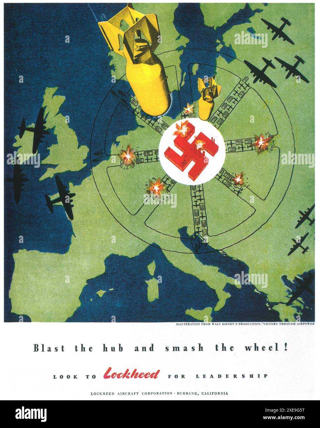 1944 Lockheed-Flugzeugwerbung aus dem 2. Weltkrieg – „Blast the Hub and Smash the Wheel“ – „Victory through Airpower“ – Walt Disney-Illustration – Bombardierung Nazi-Deutschlands Stockfoto
