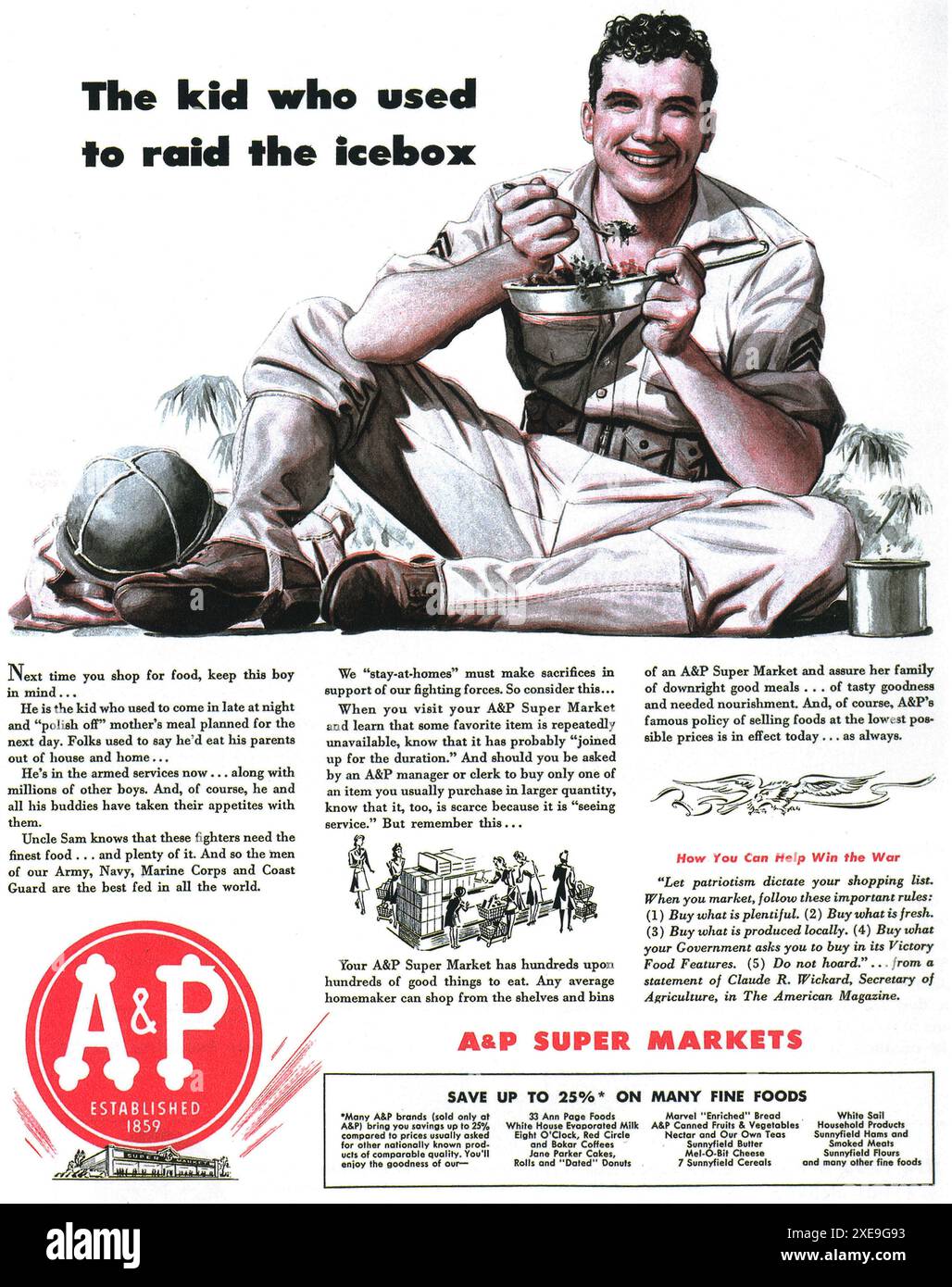 1944 WW2 A & P Lebensmittelgeschäfte Werbespot - Service für Soldaten und Zivilisten Stockfoto