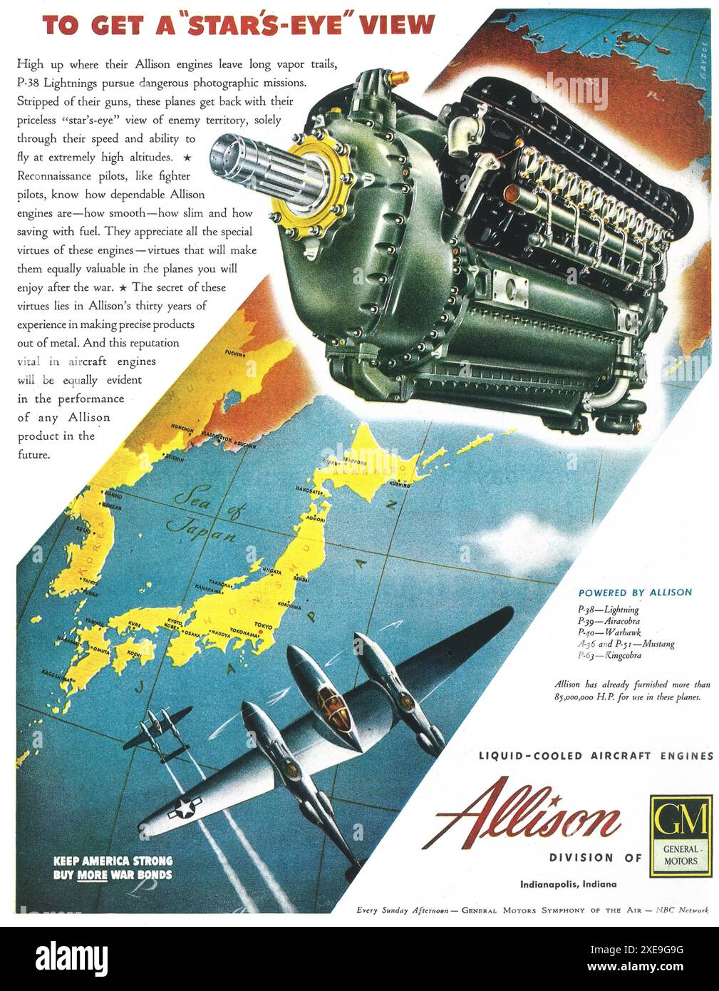 1944 WW2 Allison Aircraft Engines Ad - WWII Lockheed P-38 Lightning Fighter Aircraft Stockfoto