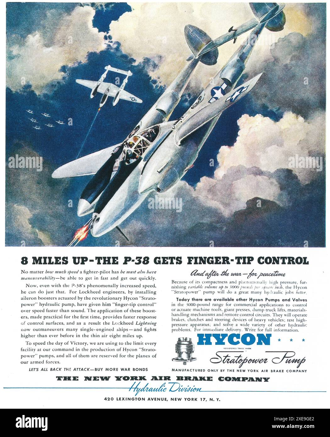 1944 WW2 New York Air Brake Company Hydraulic Division Hycon Stratopower Pump mit Lockheed P-38 Lightning Heavy Fighter Aircraft Ad - Desert to Cold Stockfoto
