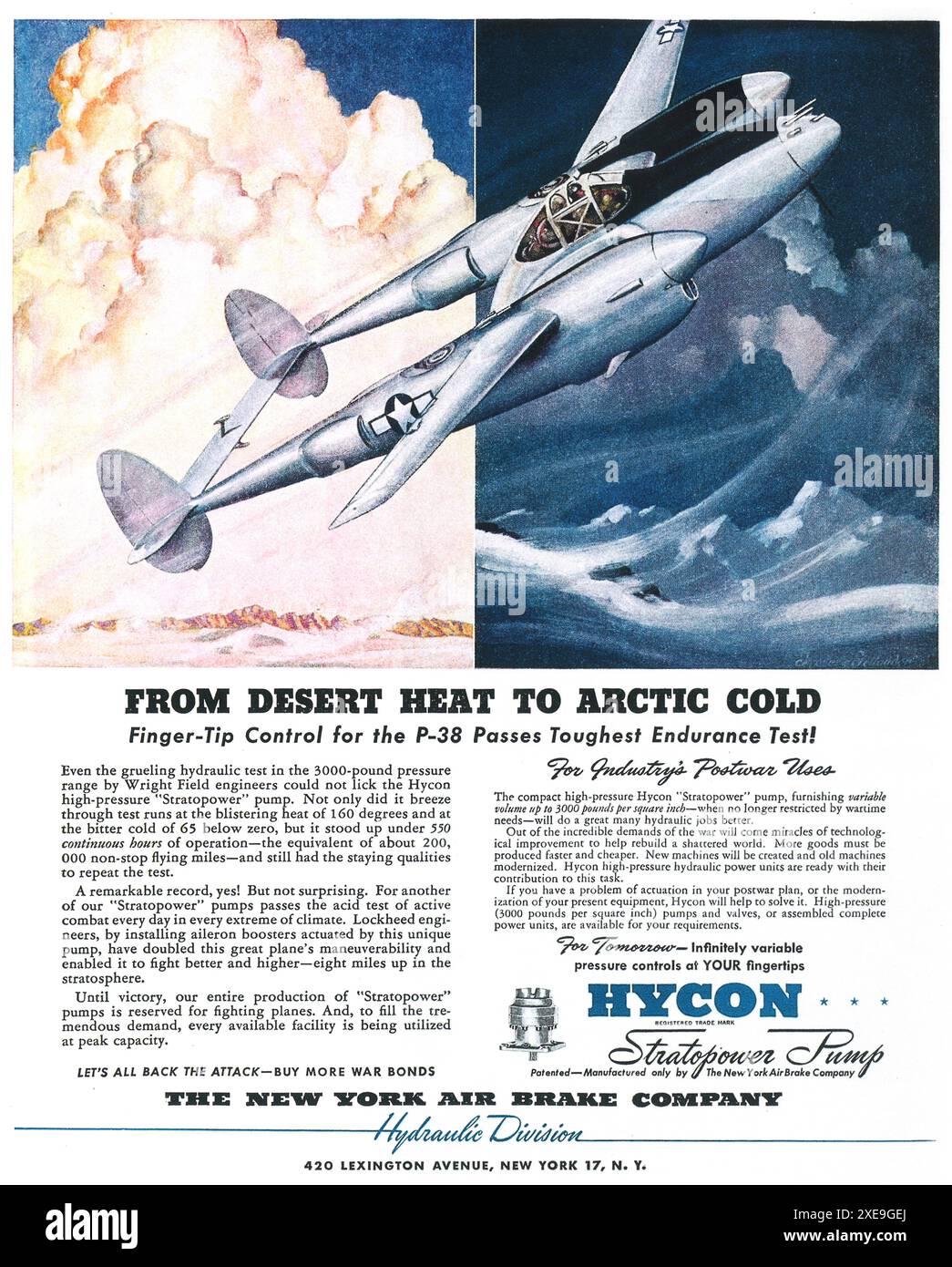1944 WW2 New York Air Brake Company Hydraulic Division Hycon Stratopower Pump mit Lockheed P-38 Lightning Heavy Fighter Aircraft Ad - Desert to Cold Stockfoto