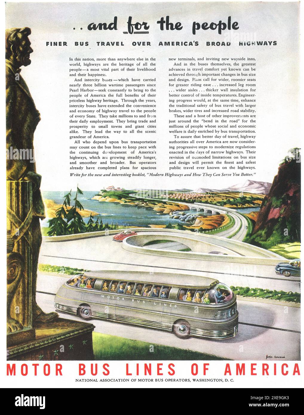 1945 Motor Bus Lines of America Ad – feinere Busreisen über Amerikas breite Autobahnen Stockfoto