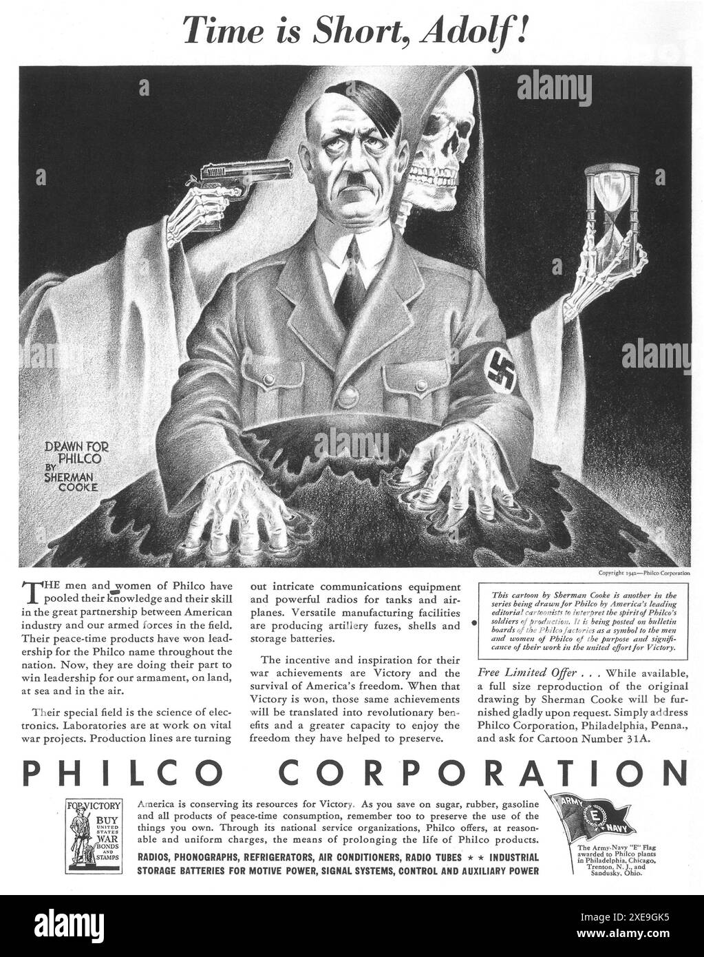 1942 Philco Electronics Werbespot aus dem 2. Weltkrieg – Zeichnung von Sherman Cooke „Time is Short, Adolf“ Stockfoto