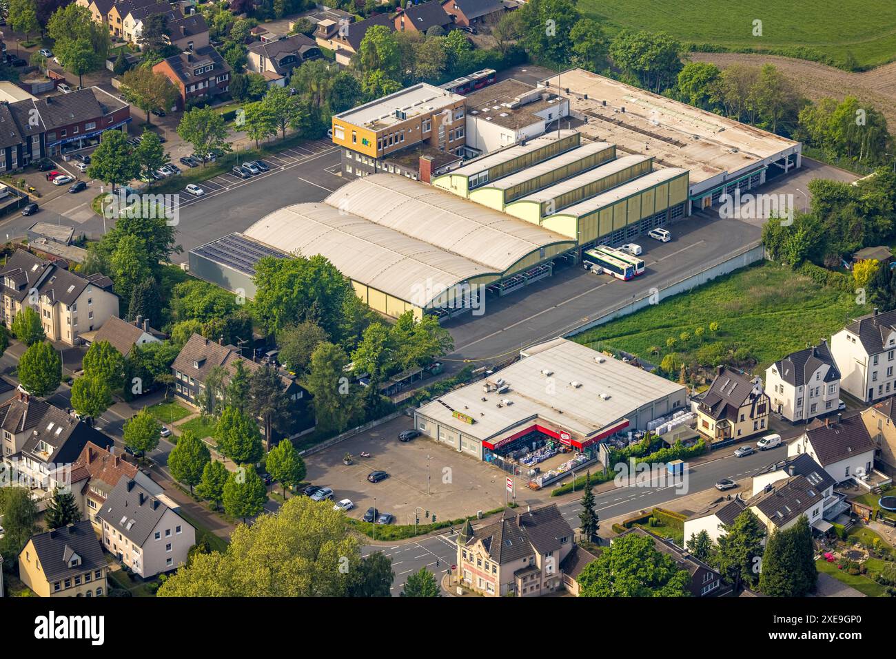 Luftaufnahme, Depot-Straßenbahn Herne Castrop-Rauxel HCR, Sonderpreis Baumarkt, Börnig, Herne, Ruhrgebiet, Nordrhein-Westfalen, Deutschland, Luftbild, de Stockfoto