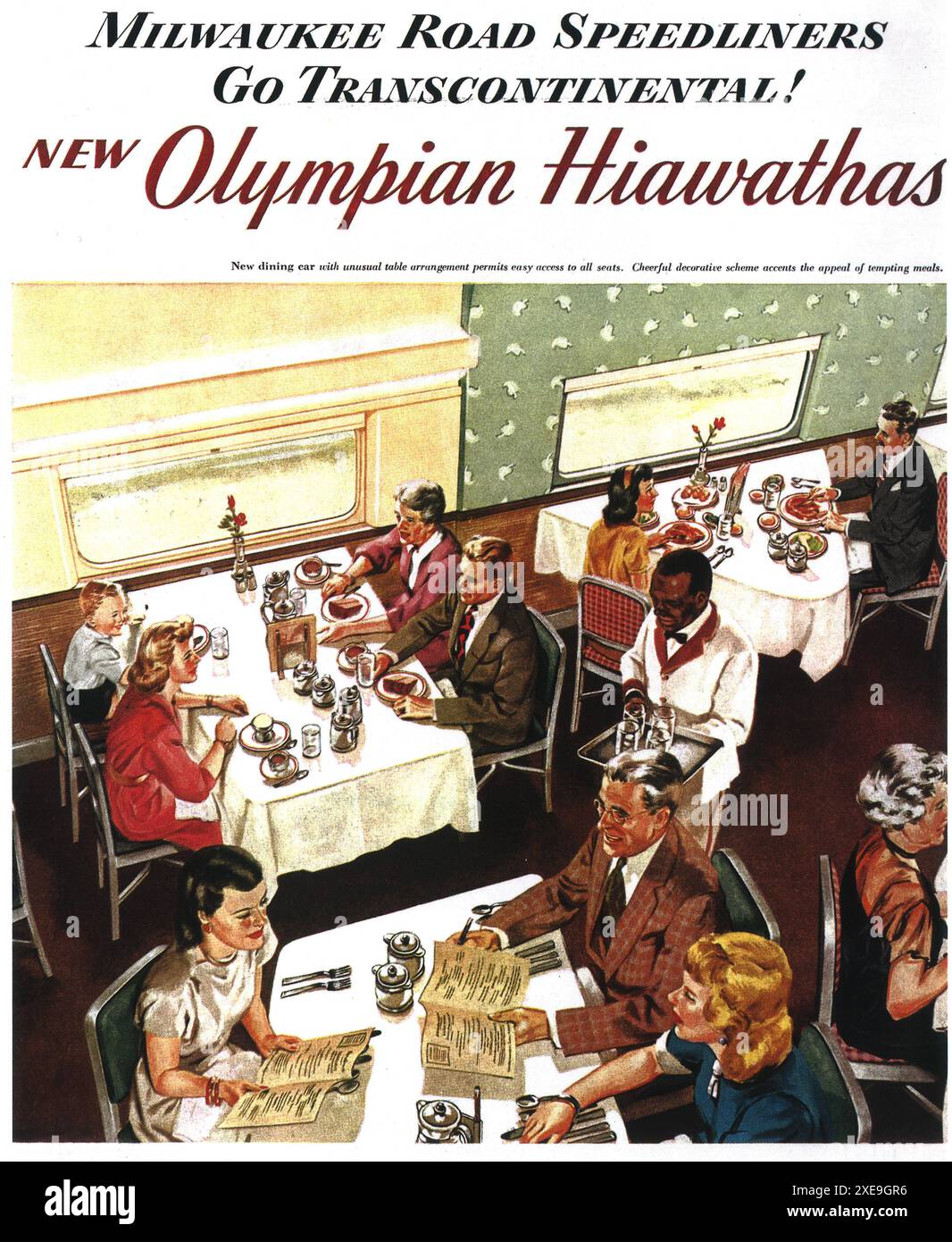 1947 Milwaukee Road Railroad Speedliners werden transkontinentale Werbeanzeigen machen Erkunden Sie das Nordwestwunder über die Olympian Hiawathas-Werbung Stockfoto