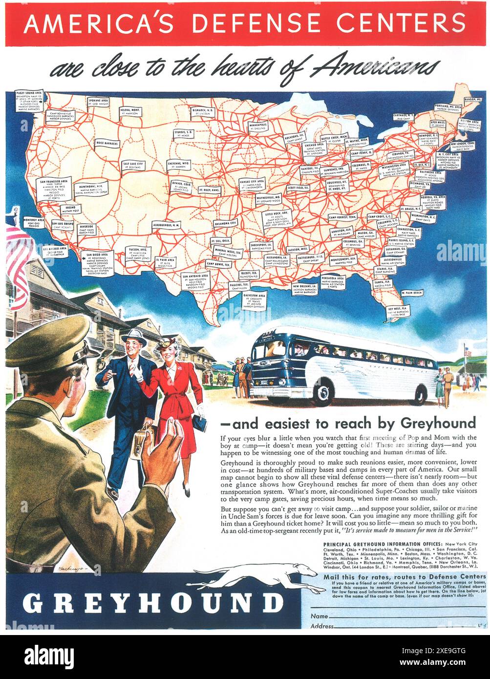 1941 Greyhound-Reiseanzeige für Busse – „Amerikas Verteidigungszentren“ Stockfoto