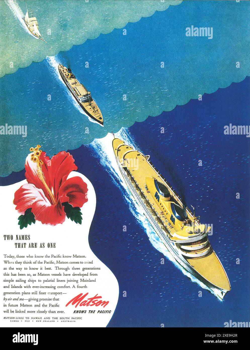 1945 Matson Lines Reiseanzeige Für Hawaii South Pacific Stockfoto