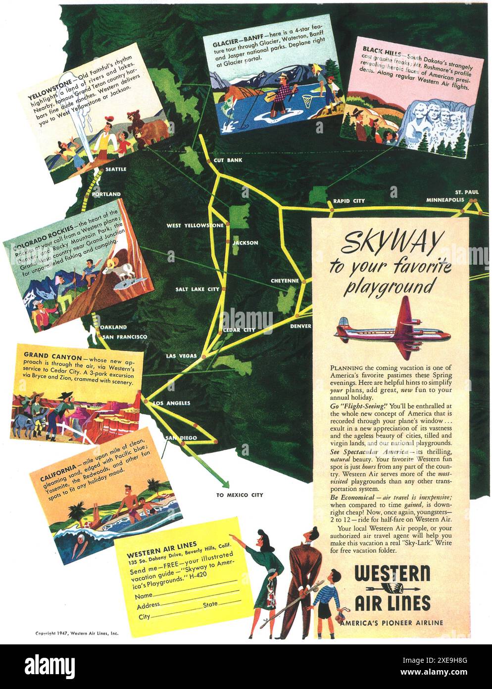 1947 Western Air Lines Werbespot – „Skyway to your Lieblings Playground“ Stockfoto