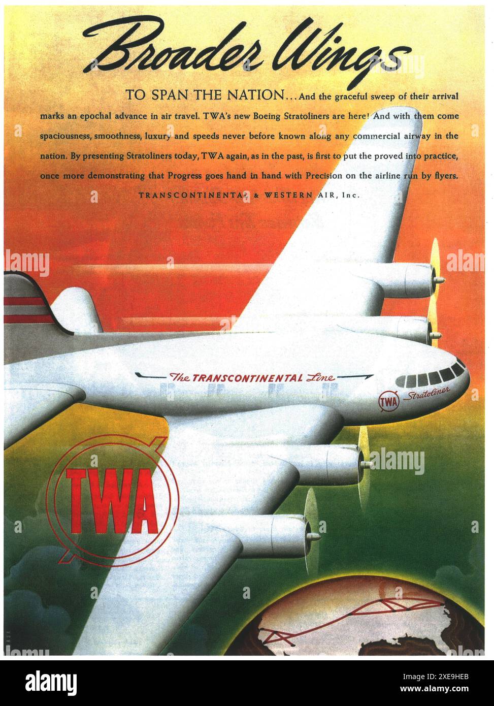 1940 TWA Boeing 307 Stratoliner Ad - Transcontinental Line Stockfoto