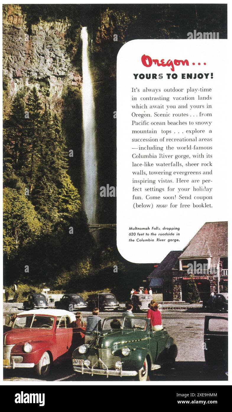 1947 Tourismuswerbung in Oregon – Multnomah Wasserfall Stockfoto