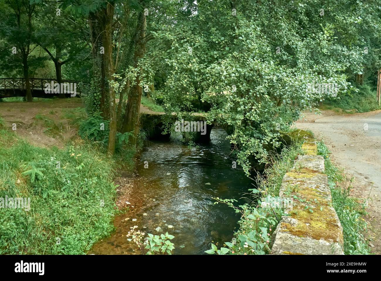 Ein Symbol für das Erbe von Vigo: Die mittelalterliche Brücke von Sárdoma ist ein kulturelles Wahrzeichen in Vigo. Stockfoto