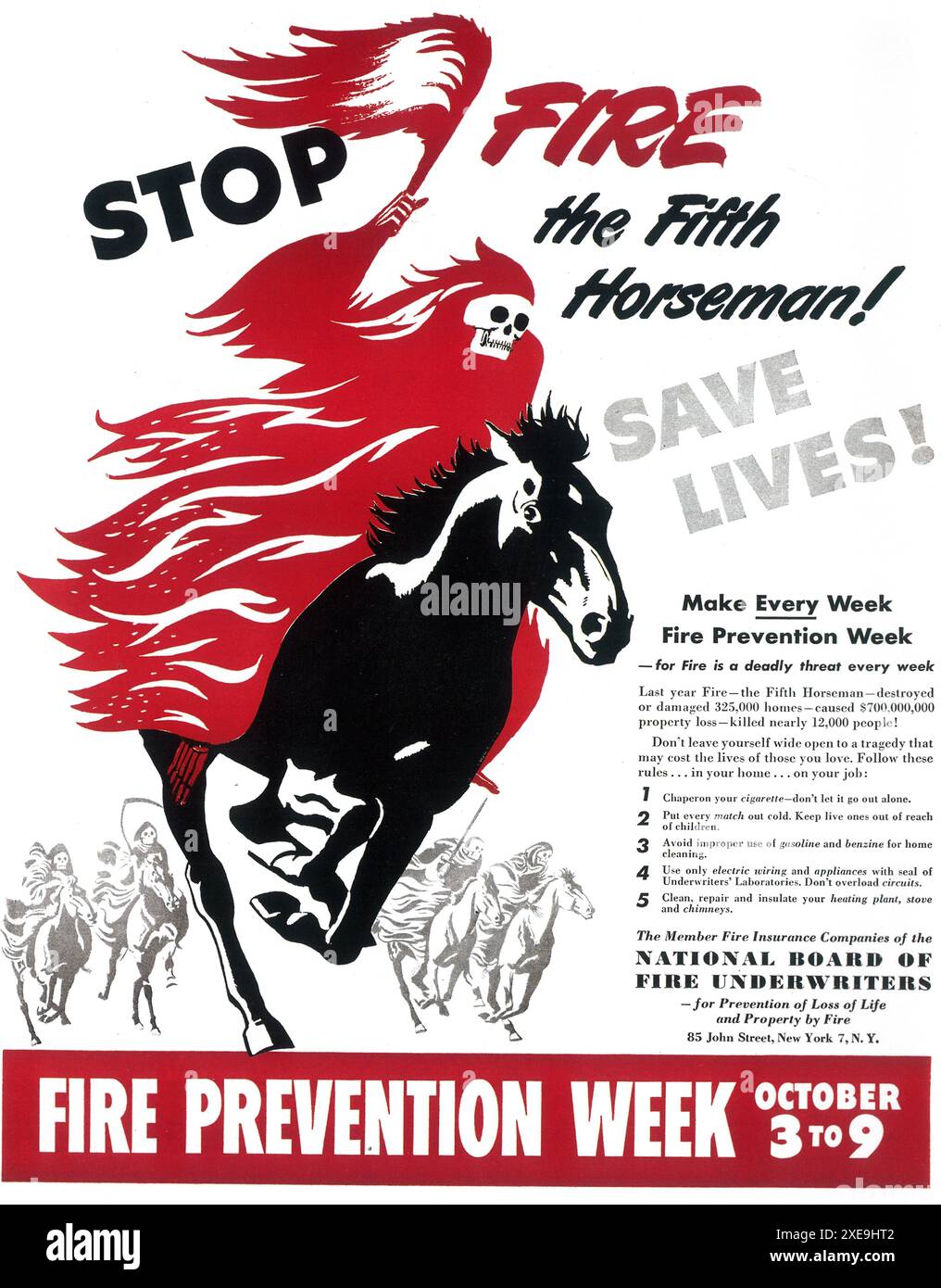 1948 National Board of Fire Underwriters Insurance - Stop Fire the Fifth Horseman Ad - Firefighter Stockfoto