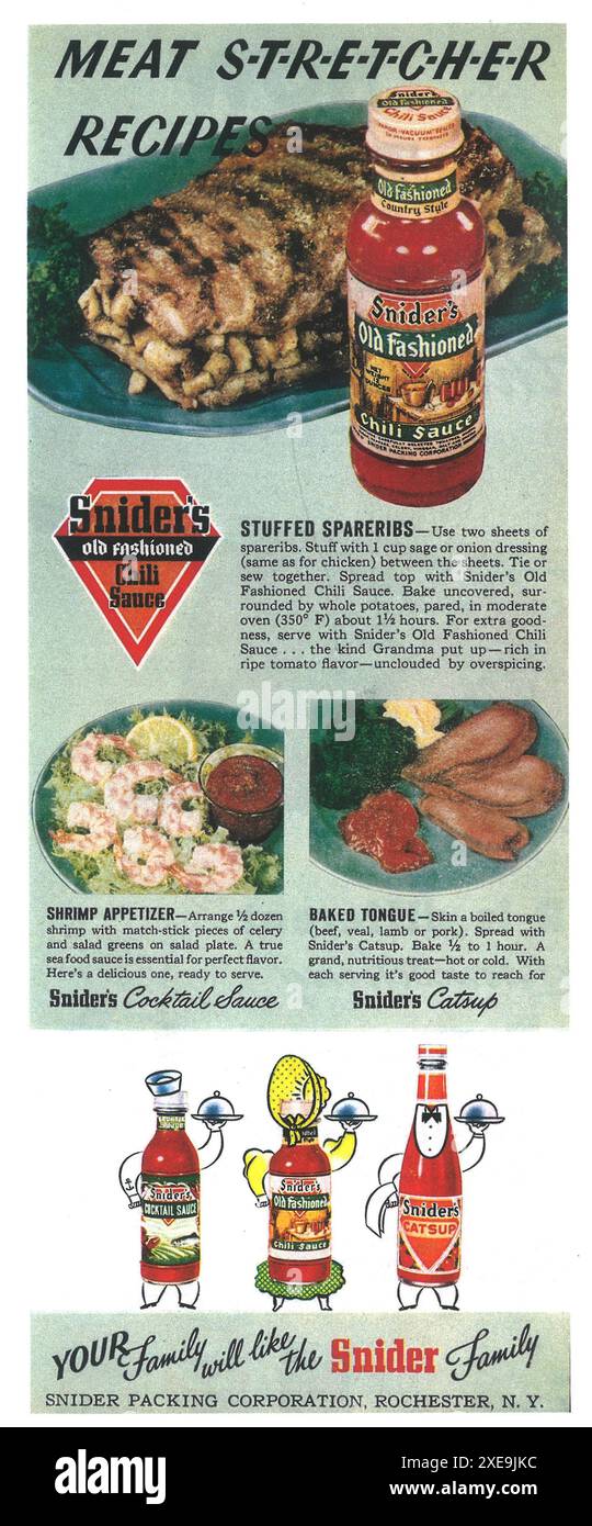 1943 Snider Packing Corporation Werbespot für Chili-Sauce Stockfoto