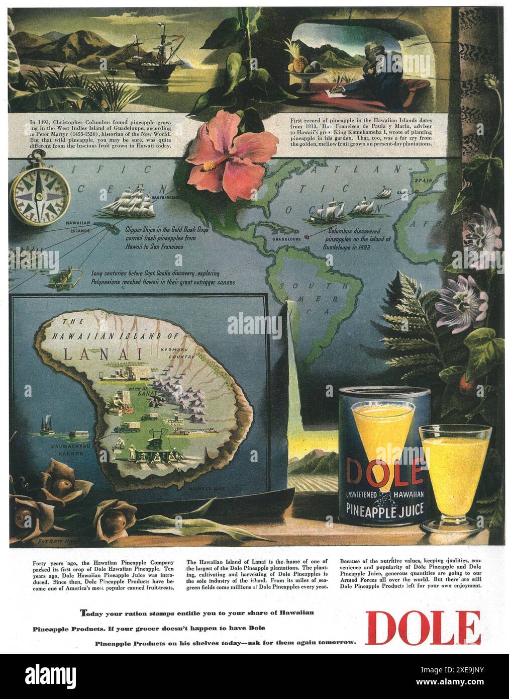 1944 DOLE ungesüßte hawaiianische Ananassaft-Werbung Stockfoto