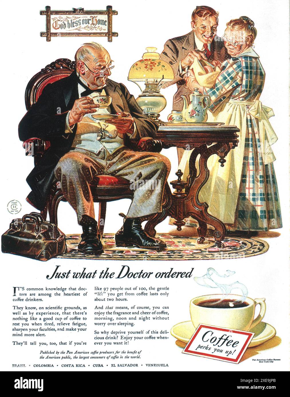 1941 Werbung für panamerikanischen Kaffee – JC Leyendecker Art – „Was der Arzt bestellt hat“ Stockfoto