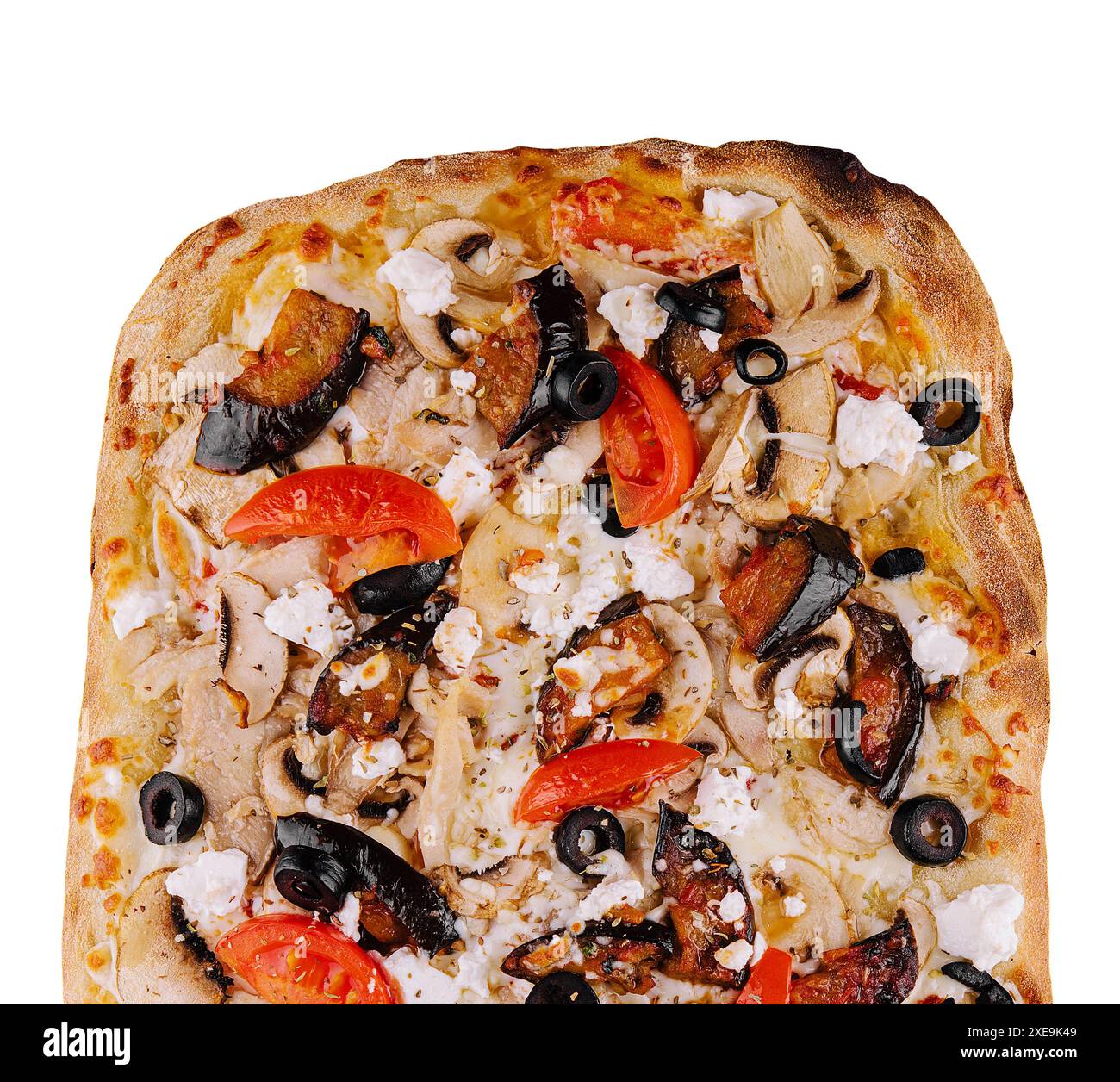 Gebackene italienische Pizza auf weißem Hintergrund Stockfoto