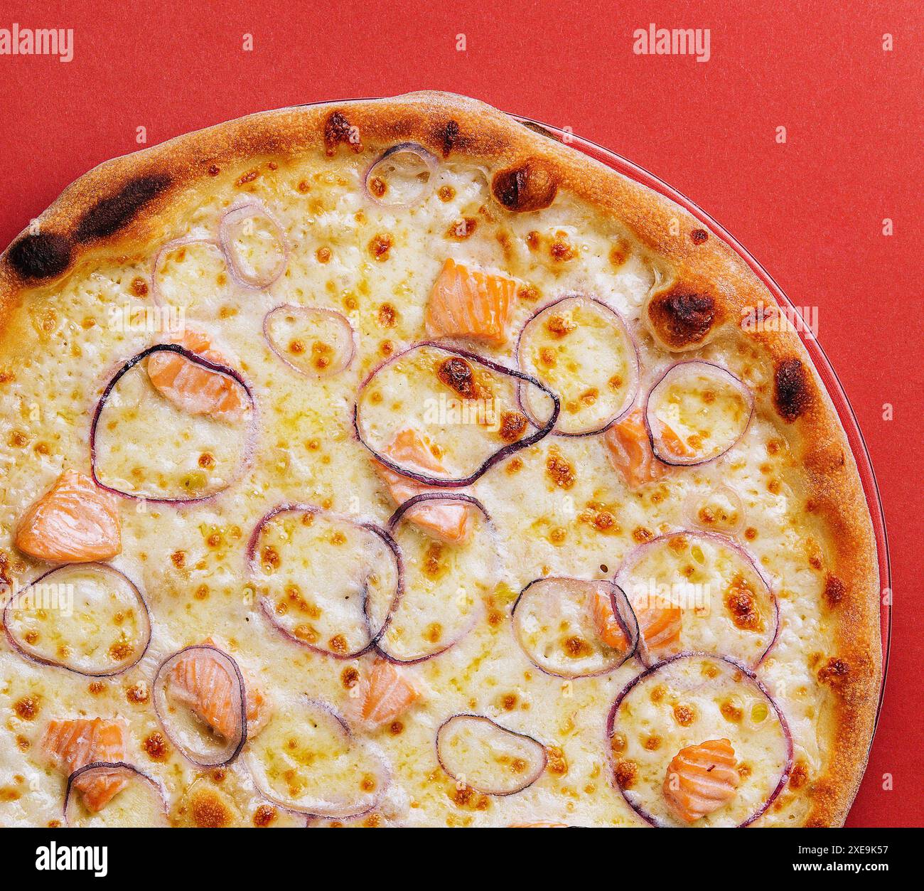 Pizza mit Lachs auf rotem Hintergrund Stockfoto