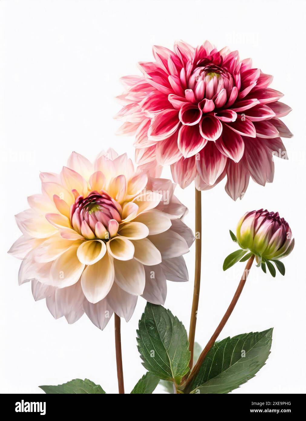Dahlien auf weißem Hintergrund, Blumen-Studio-Foto Stockfoto