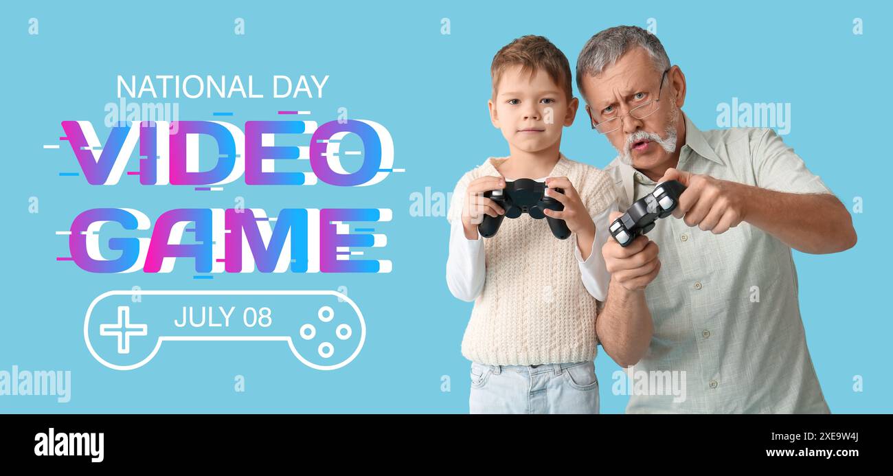 Banner für den National Video Game Day mit dem kleinen Jungen und seinem Großvater Stockfoto