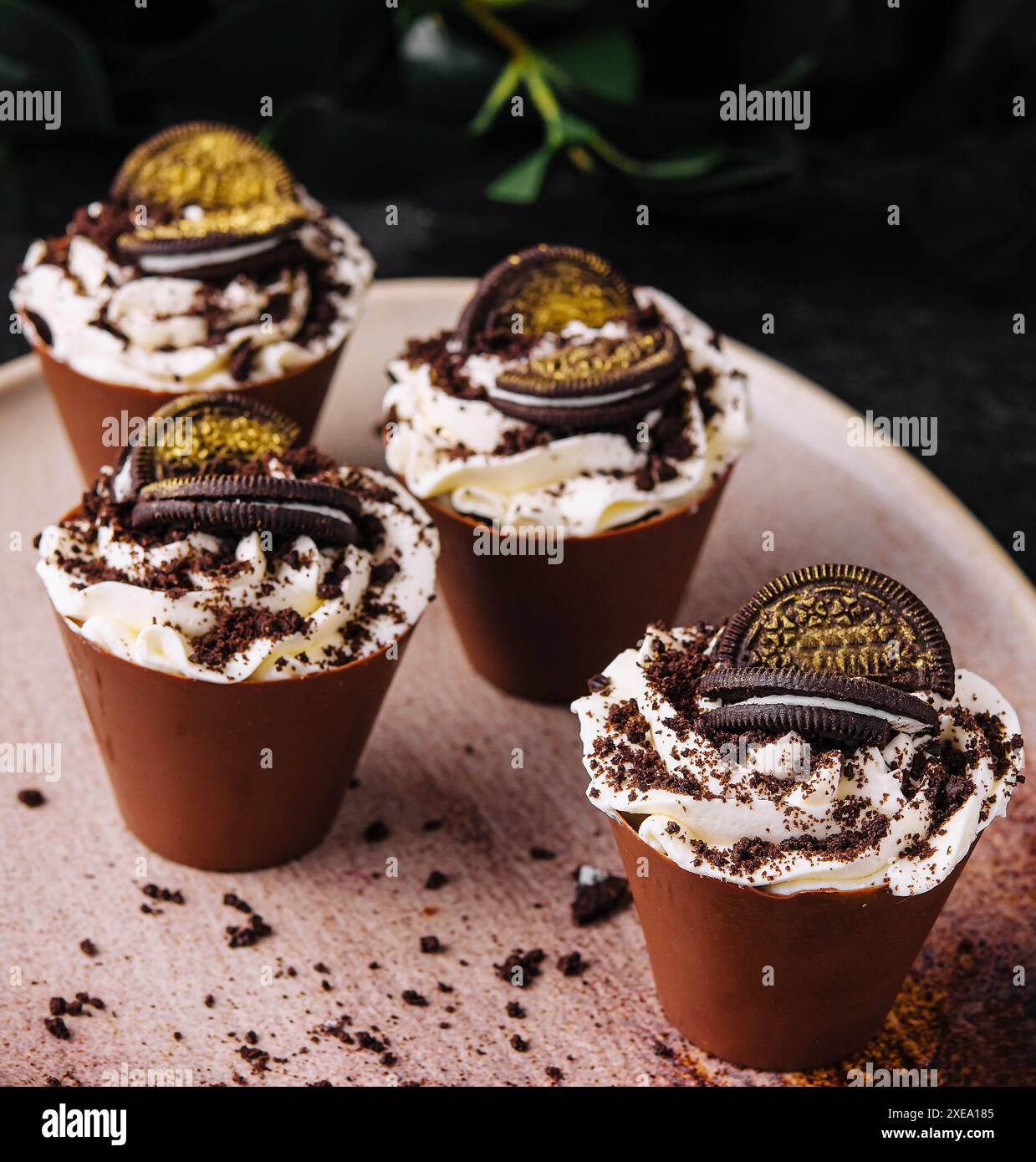 Tiramisu mit Schokoladen-oreo-Keksen auf Teller Stockfoto