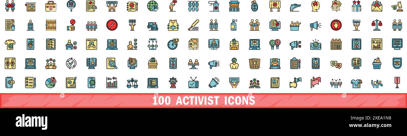 100 Symbole für Aktivist eingestellt. Farblinie Satz von aktiven Vektorsymbolen dünne Linie Farbe flach auf weiß Stock Vektor