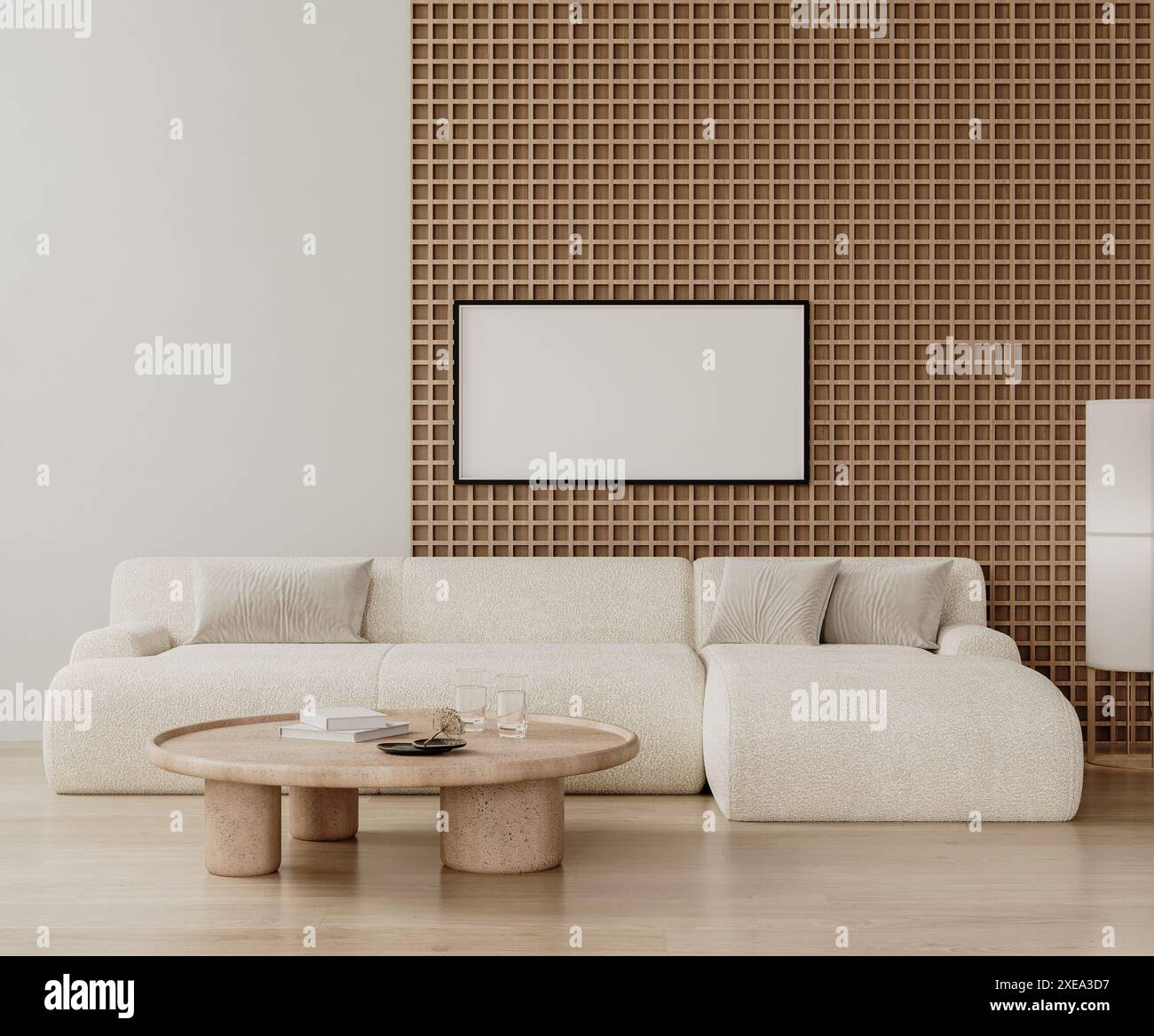 Horizontaler Rahmen im modernen Wohnzimmerinnenraum mit Holzwandpaneel und weißem Sofa, 3D-Rendering Stockfoto